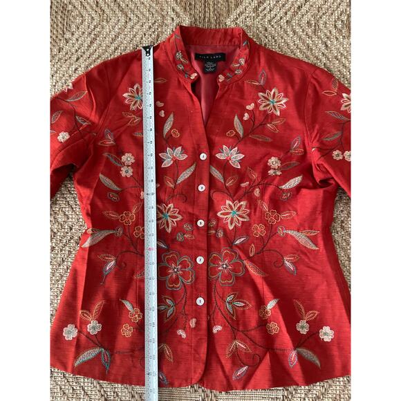 Silk Land Red Floral Embroidered 100% Silk Jacket Blazer 3/4 sleeve SZ Large - Picture 7 of 8